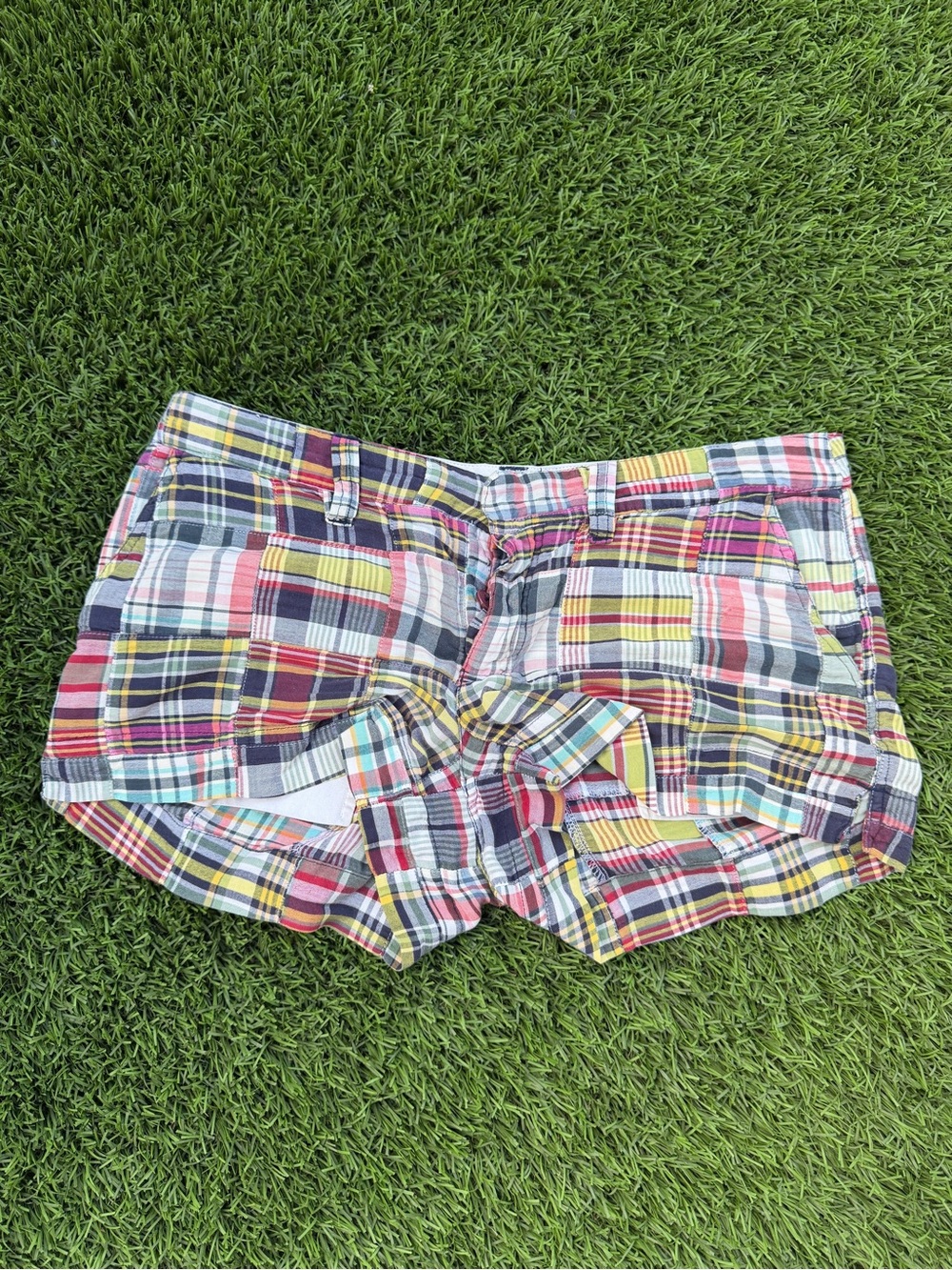 American Eagle Outfitters Multicolor Plaid Patchwork Jean Shorts